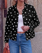 luvamia Jean Jacket Women Polka Dot Fall Stretch Denim Jacket With Pockets Classic Trucker Silhouette, Slightly Cropped Fit, Chest Flap Pockets, Button Front, Country Concert, Fall Outfits for Women