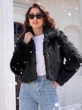 luvamia Faux Fur Jackets for Women Shaggy Crop Coats Fall Winter Outerwear Hook Closure, Long Sleeve, Lapel Collar, Date Night Outfit, Drop Shoulder, Clean Front Design, Long Pile Texture, Solid Color