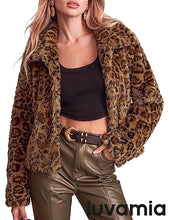 luvamia Women's Leopard Print Faux Fur Jackets Fluffy Furry Winter Coats Cheetah Animal Print Jackets, Oversized, Lapel, Snap Button, Inner Lining, Furry Winter Coats with Pockets, Western Outfits