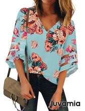 luvamia Women's Casual V Neck Blouse 3/4 Bell Sleeve Mesh Panel Shirts Loose Top