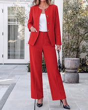 luvamia Pants Suits for Women Dressy 2 Piece Sets Business Casual Outfits Long Sleeve Collarless Blazers, Elastic Waist Wide Leg Pants, Adjustable Back Buckle‌, Professional Work Office Pantsuits
