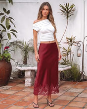 luvamia Satin Maxi Skirt Elastic Waist Lace Trim Long Slip Skirts for Women Long Satin Skirt, Silky Fabric, Bias Cut, Easy Pull On Elastic Waistband, Straight Silhouette, Lace Hem Slip Skirt