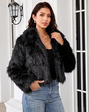 luvamia Faux Fur Jackets for Women Shaggy Crop Coats Fall Winter Outerwear Hook Closure, Long Sleeve, Lapel Collar, Date Night Outfit, Drop Shoulder, Clean Front Design, Long Pile Texture, Solid Color