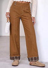 luvamia FleXclusive Wide Leg Jeans for Women Plaid Cuffed Hem Denim Pants High Waisted Button Zipper Closure, Relax Daily Fit, Contrast Hem Panel, Western Outfit, Vertical Seam Stitch, Full Length, Stretchy Denim