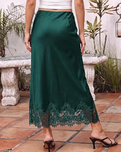luvamia Satin Maxi Skirt Elastic Waist Lace Trim Long Slip Skirts for Women Long Satin Skirt, Silky Fabric, Bias Cut, Easy Pull On Elastic Waistband, Straight Silhouette, Lace Hem Slip Skirt