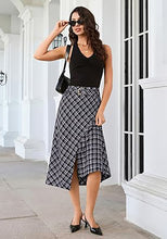 luvamia Plaid Midi Skirts for Women High Waist A-Line Fall Skirt with Belt Front Slit Opening, Asymmetrical Front Hem, Overlapping Front Panel, Diagonal Plaid Pattern, Back Elastic Waist, Fall Outfits