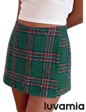 luvamia Plaid Skorts for Woman High Waist Mini Wrap Skort Skirt with Shorts Faux Wrap, Side Zipper, Elastic Waist Back, Trendy Plaid Pattern, Fall Skirts With Shorts Underneath, Asymmetrical Design