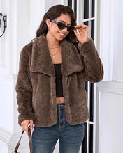luvamia Faux Fur Jackets for Women Fall Coats Oversized Winter Outerwears Short Pile Surface, Side Pockets, Wide Lapel Collar, Dropped Shoulder, Fall Winter Layering, Snap Button Closure, Open Front