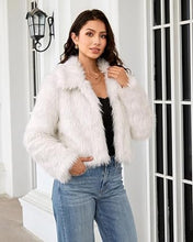 luvamia Faux Fur Jackets for Women Shaggy Crop Coats Fall Winter Outerwear Hook Closure, Long Sleeve, Lapel Collar, Date Night Outfit, Drop Shoulder, Clean Front Design, Long Pile Texture, Solid Color