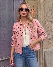luvamia Jean Jacket Women Polka Dot Fall Stretch Denim Jacket With Pockets Classic Trucker Silhouette, Slightly Cropped Fit, Chest Flap Pockets, Button Front, Country Concert, Fall Outfits for Women