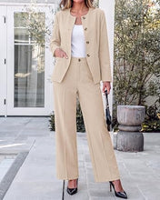 luvamia Pants Suits for Women Dressy 2 Piece Sets Business Casual Outfits Long Sleeve Collarless Blazers, Elastic Waist Wide Leg Pants, Adjustable Back Buckle‌, Professional Work Office Pantsuits
