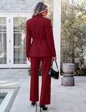 luvamia 2 Piece Sets for Women Blazer Pants Suits Business Casual Outfits Long Sleeve Belted Double Breasted Blazer, Elastic High Waisted Flared Pants, Dressy Pantsuits, Work Outfits for Women Office