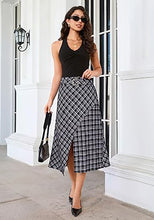 luvamia Plaid Midi Skirts for Women High Waist A-Line Fall Skirt with Belt Front Slit Opening, Asymmetrical Front Hem, Overlapping Front Panel, Diagonal Plaid Pattern, Back Elastic Waist, Fall Outfits