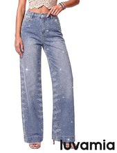luvamia FleXclusive Wide Leg Rhinestone Jeans for Women High Waist Stretchy Denim Pants Sparkly Bling Jeans, Rhinestone Embellished, Baggy Straight Leg, 29.5" Inch Inseam, Trendy, Party, Night Out, Concert Outfits
