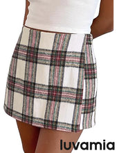 luvamia Plaid Skorts for Woman High Waist Mini Wrap Skort Skirt with Shorts Faux Wrap, Side Zipper, Elastic Waist Back, Trendy Plaid Pattern, Fall Skirts With Shorts Underneath, Asymmetrical Design