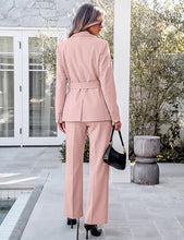 luvamia 2 Piece Sets for Women Blazer Pants Suits Business Casual Outfits Long Sleeve Belted Double Breasted Blazer, Elastic High Waisted Flared Pants, Dressy Pantsuits, Work Outfits for Women Office