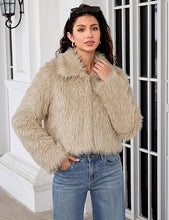 luvamia Faux Fur Jackets for Women Shaggy Crop Coats Fall Winter Outerwear Hook Closure, Long Sleeve, Lapel Collar, Date Night Outfit, Drop Shoulder, Clean Front Design, Long Pile Texture, Solid Color