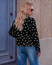 luvamia Jean Jacket Women Polka Dot Fall Stretch Denim Jacket With Pockets Classic Trucker Silhouette, Slightly Cropped Fit, Chest Flap Pockets, Button Front, Country Concert, Fall Outfits for Women