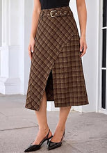 luvamia Plaid Midi Skirts for Women High Waist A-Line Fall Skirt with Belt Front Slit Opening, Asymmetrical Front Hem, Overlapping Front Panel, Diagonal Plaid Pattern, Back Elastic Waist, Fall Outfits