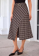 luvamia Plaid Midi Skirts for Women High Waist A-Line Fall Skirt with Belt Front Slit Opening, Asymmetrical Front Hem, Overlapping Front Panel, Diagonal Plaid Pattern, Back Elastic Waist, Fall Outfits