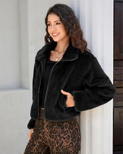 luvamia Faux Fur Jackets for Women Fall Cropped Coat Fuzzy Winter Outerwear Zip Up Front, Modern Retro Style, Lapel Collar, Drop Shoulder, Long Sleeve, Autumn Layering, City Chic Outerwear, Wide Collar