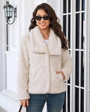 luvamia Faux Fur Jackets for Women Fall Coats Oversized Winter Outerwears Short Pile Surface, Side Pockets, Wide Lapel Collar, Dropped Shoulder, Fall Winter Layering, Snap Button Closure, Open Front