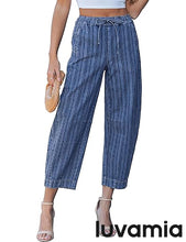 luvamia FleXclusive Barrel Jeans Women Trendy Striped Cropped High Waisted Pull On Elastic Waist Wide Leg Casual Stretch Denim Pants