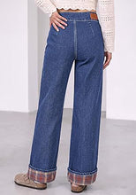 luvamia FleXclusive Wide Leg Jeans for Women Plaid Cuffed Hem Denim Pants High Waisted Button Zipper Closure, Relax Daily Fit, Contrast Hem Panel, Western Outfit, Vertical Seam Stitch, Full Length, Stretchy Denim