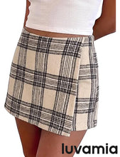 luvamia Plaid Skorts for Woman High Waist Mini Wrap Skort Skirt with Shorts Faux Wrap, Side Zipper, Elastic Waist Back, Trendy Plaid Pattern, Fall Skirts With Shorts Underneath, Asymmetrical Design