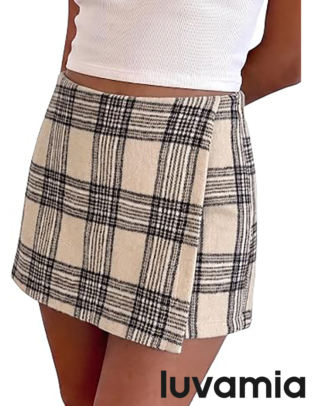 luvamia Plaid Skorts for Woman High Waist Mini Wrap Skort Skirt with Shorts Faux Wrap, Side Zipper, Elastic Waist Back, Trendy Plaid Pattern, Fall Skirts With Shorts Underneath, Asymmetrical Design