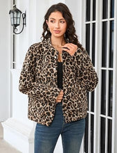 luvamia Women Leopard Print Bomber Jacket Oversized Wool Blend Fall Outfits Brushed, Cheetah, Animal Print Jackets, Stand Collar, Snap Button, Elastic Hem, Winter Coats with Pockets, Western Outfits