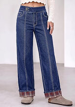 luvamia FleXclusive Wide Leg Jeans for Women Plaid Cuffed Hem Denim Pants High Waisted Button Zipper Closure, Relax Daily Fit, Contrast Hem Panel, Western Outfit, Vertical Seam Stitch, Full Length, Stretchy Denim