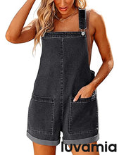 LUVAMIA Women's Denim Jumpsuit Overall Adjustable Sleeveless Stretch Short Romper Jean.