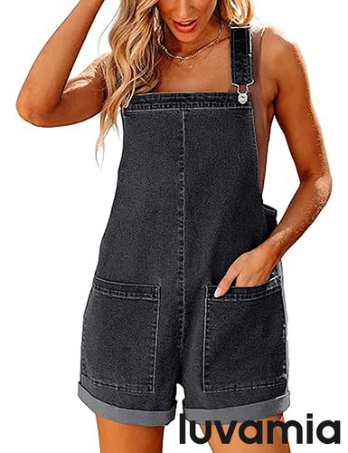 LUVAMIA Women's Denim Jumpsuit Overall Adjustable Sleeveless Stretch Short Romper Jean.