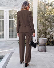 luvamia Pants Suits for Women Dressy 2 Piece Sets Business Casual Outfits Long Sleeve Collarless Blazers, Elastic Waist Wide Leg Pants, Adjustable Back Buckle‌, Professional Work Office Pantsuits