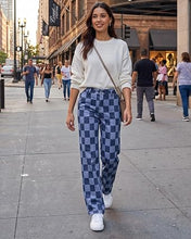luvamia Checkered Pants Women High Rise Cinch-Waist Stretchy Wide Leg Jeans Adjustable Waist, Patterned Pants for Women, Baggy Jeans Y2K, Checkerboard Print, Alternative Clothes