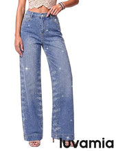 luvamia FleXclusive Wide Leg Rhinestone Jeans for Women High Waist Stretchy Denim Pants Sparkly Bling Jeans, Rhinestone Embellished, Baggy Straight Leg, 29.5" Inch Inseam, Trendy, Party, Night Out, Concert Outfits
