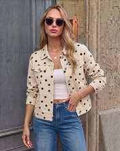 luvamia Jean Jacket Women Polka Dot Fall Stretch Denim Jacket With Pockets Classic Trucker Silhouette, Slightly Cropped Fit, Chest Flap Pockets, Button Front, Country Concert, Fall Outfits for Women