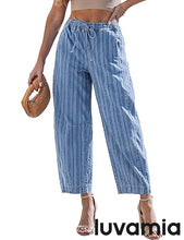 luvamia FleXclusive Barrel Jeans Women Trendy Striped Cropped High Waisted Pull On Elastic Waist Wide Leg Casual Stretch Denim Pants