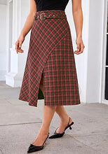 luvamia Plaid Midi Skirts for Women High Waist A-Line Fall Skirt with Belt Front Slit Opening, Asymmetrical Front Hem, Overlapping Front Panel, Diagonal Plaid Pattern, Back Elastic Waist, Fall Outfits