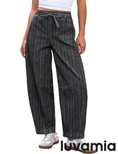 luvamia FleXclusive Barrel Jeans Women Trendy Striped Cropped High Waisted Pull On Elastic Waist Wide Leg Casual Stretch Denim Pants