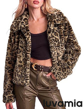 luvamia Women's Leopard Print Faux Fur Jackets Fluffy Furry Winter Coats Cheetah Animal Print Jackets, Oversized, Lapel, Snap Button, Inner Lining, Furry Winter Coats with Pockets, Western Outfits