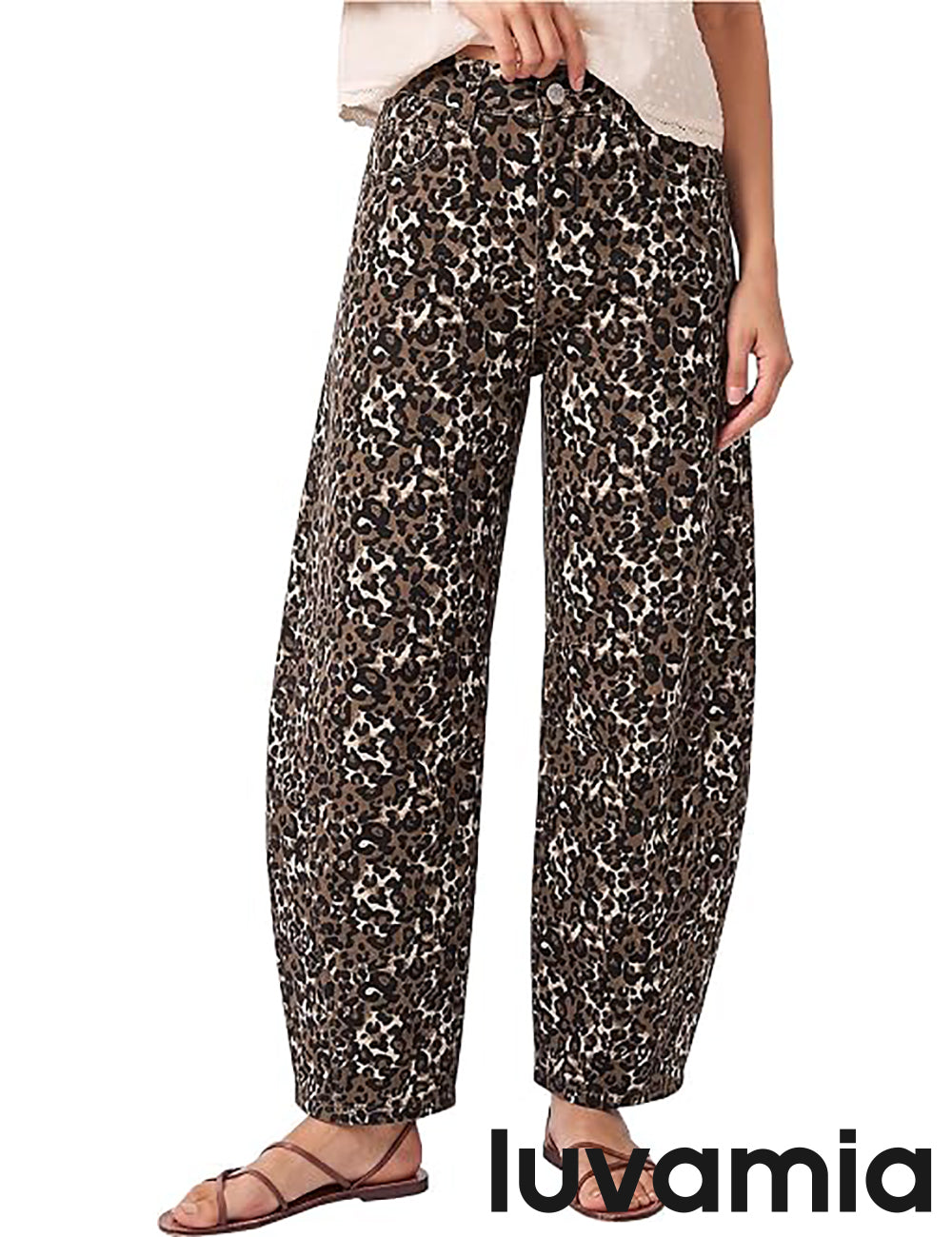 luvamia FleXcLusive Barrel Jeans Women High Waisted Baggy Leopard Cheetah Denim Pants Wide Leg Jeans for Women Trendy Stretchy, Ankle Length, Front Seam, Loose Fit, 27.5 Inch Inseam, Country Concert Outfits