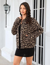 luvamia Women Leopard Print Bomber Jacket Oversized Wool Blend Fall Outfits Brushed, Cheetah, Animal Print Jackets, Stand Collar, Snap Button, Elastic Hem, Winter Coats with Pockets, Western Outfits