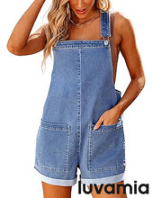 LUVAMIA Women's Denim Jumpsuit Overall Adjustable Sleeveless Stretch Short Romper Jean.