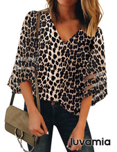 luvamia Women's Casual V Neck Blouse 3/4 Bell Sleeve Mesh Panel Shirts Loose Top