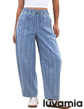 luvamia FleXclusive Barrel Jeans Women Trendy Striped Cropped High Waisted Pull On Elastic Waist Wide Leg Casual Stretch Denim Pants