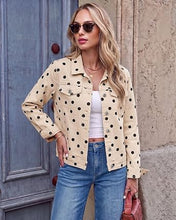 luvamia Jean Jacket Women Polka Dot Fall Stretch Denim Jacket With Pockets Classic Trucker Silhouette, Slightly Cropped Fit, Chest Flap Pockets, Button Front, Country Concert, Fall Outfits for Women