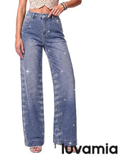 luvamia FleXclusive Wide Leg Rhinestone Jeans for Women High Waist Stretchy Denim Pants Sparkly Bling Jeans, Rhinestone Embellished, Baggy Straight Leg, 29.5" Inch Inseam, Trendy, Party, Night Out, Concert Outfits