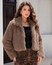 luvamia Faux Fur Jackets for Women Shaggy Crop Coats Fall Winter Outerwear Hook Closure, Long Sleeve, Lapel Collar, Date Night Outfit, Drop Shoulder, Clean Front Design, Long Pile Texture, Solid Color